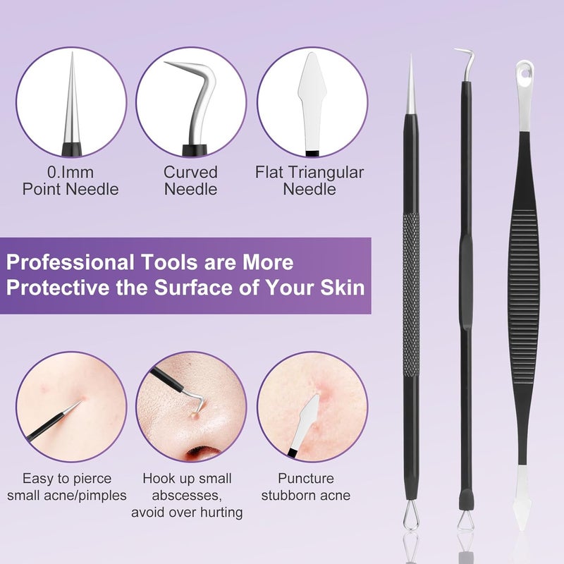 Baxrou Pimple Popper Tool Kit,10 Pcs Professional Blackhead Remover Comedones Extractor for Easy Removal for Pimples,Blackheads,Zit Removing, Facial and Nose, Acne Removal Kit with Metal Box (Black) - Image 3